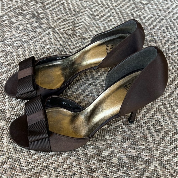 Stuart Weitzman 8.5‎ Brown Satin Peep Toe D'orsay Bow Pumps Heels - Picture 1 of 7